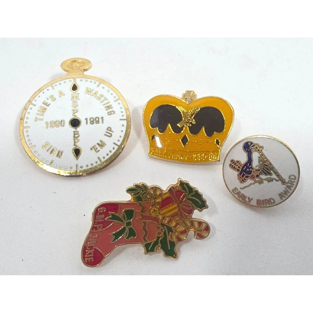 Lot of 4 Enamel Pins Vintage Lapel Pins Watch Crown Stocking Bird Award